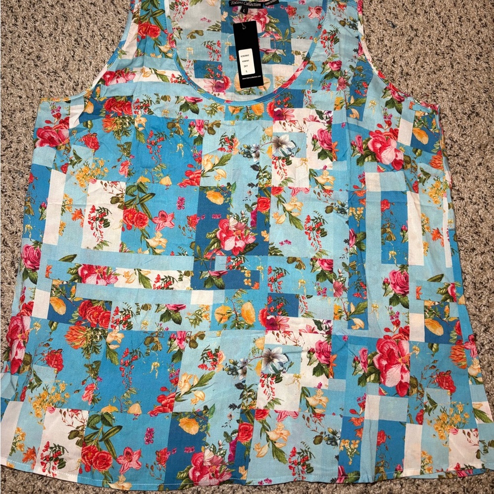 Tolani Blue Floral Patchwork Tank Top
